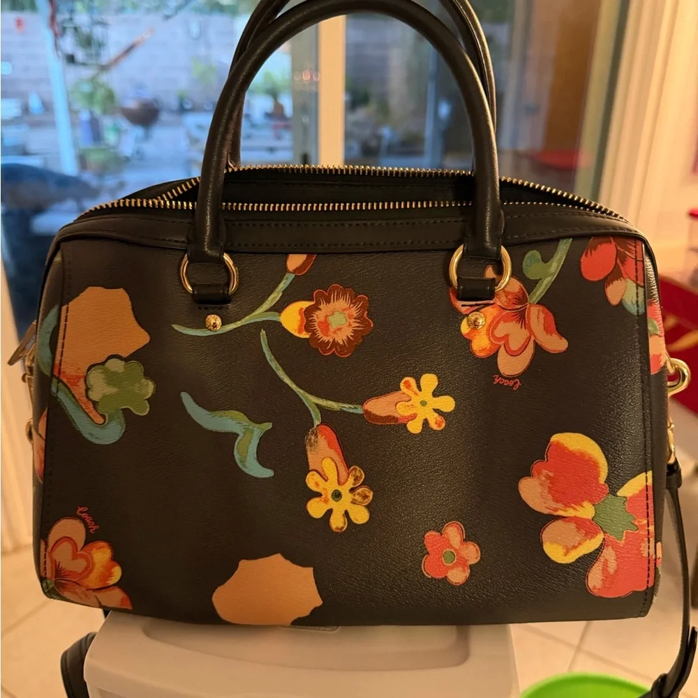 Coach Navy Blue Satchel with Colorful Floral Design - Picture 2 of 4